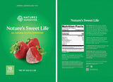 Front and back packaging of Nature's Sweet Life all natural xylitol sweetener by Nature's Sunshine, featuring a green design with images of fresh strawberries and a nutrition facts panel.