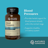 Natures Sunshine Blood Pressurex dietary supplement bottle on a teal background with product information text on the right.