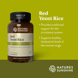 Nature's Sunshine Red Yeast Rice dietary supplement bottle on a green background with product text and benefits.