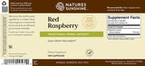 Natures Sunshine Red Raspberry herbal remedy supplement label showing 100 capsules, with product details, supplement facts, and barcode on a beige background.