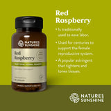 A bottle of Nature's Sunshine Red Raspberry herbal supplement capsules shown on a green background with product text and benefits on the right.