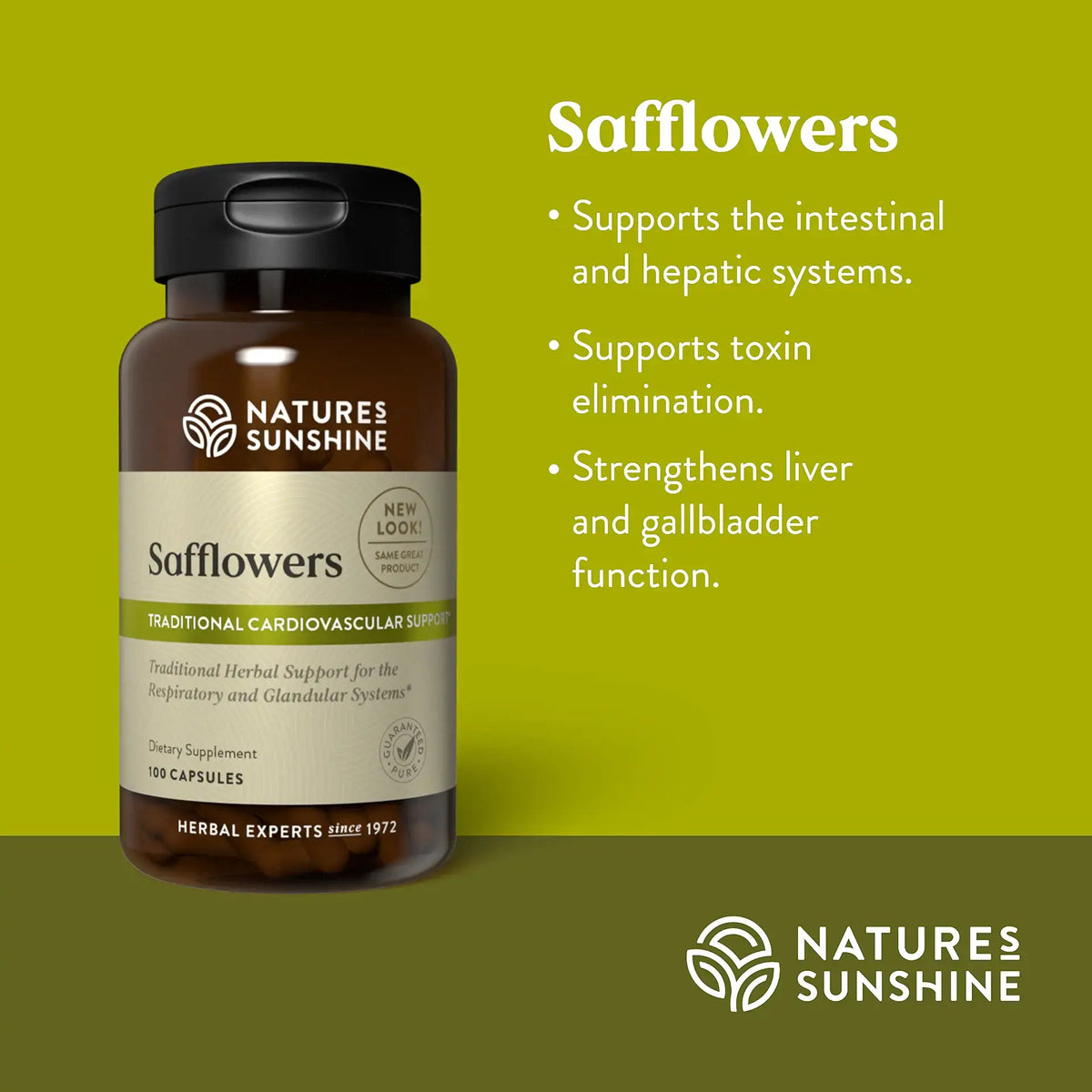 Nature's Sunshine Safflowers herbal supplement bottle on a green background with text detailing its benefits for intestinal, hepatic, and liver support.