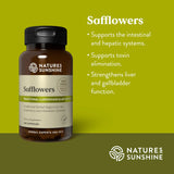 Nature's Sunshine Safflowers herbal supplement bottle on a green background with text detailing its benefits for intestinal, hepatic, and liver support.