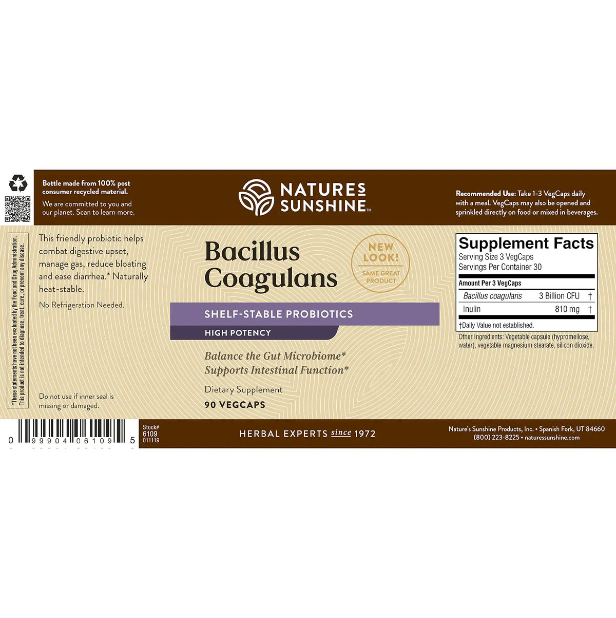 Natures Sunshine Bacillus Coagulans dietary supplement box packaging, featuring a brown and beige design with purple accents and a Supplement Facts panel on the right.