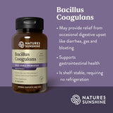 Natures Sunshine Bacillus Coagulans supplement bottle on a purple background with product details.