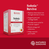 Natures Sunshine Solstic Revive electrolyte and recovery drink mix box shown on a red background with product benefits text.