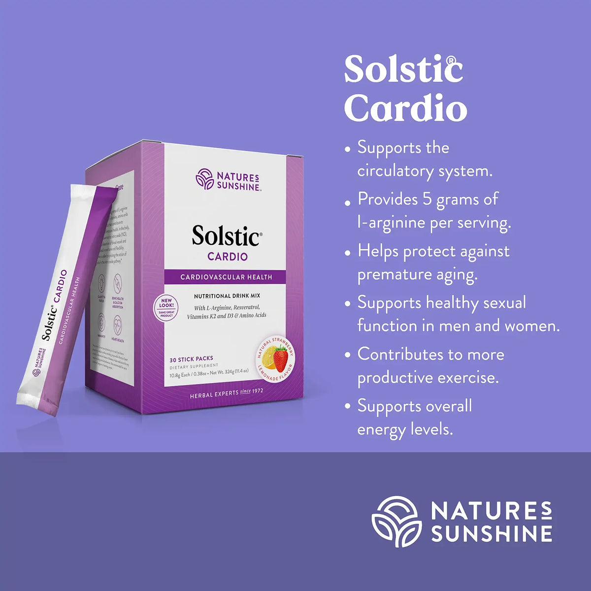 Natures Sunshine Solstic Cardio supplement packaging on a purple background, showing the main box, a single sachet, and promotional text about circulatory support and l-arginine content.