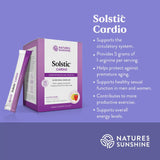 Natures Sunshine Solstic Cardio supplement packaging on a purple background, showing the main box, a single sachet, and promotional text about circulatory support and l-arginine content.