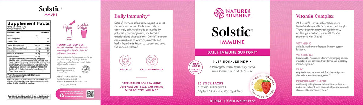A pink and white product packaging layout for Nature's Sunshine Solstic Immune Daily Immune Support, showing supplement facts, benefits, and a strawberry-flavored drink mix description.