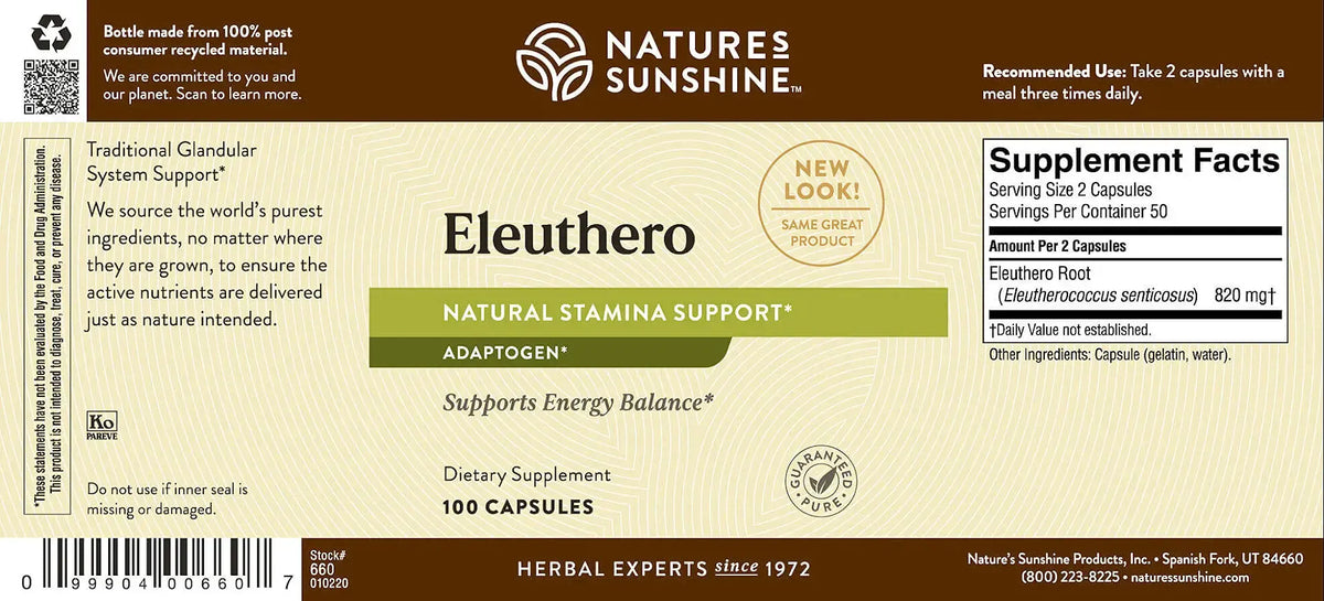Natures Sunshine Eleuthero dietary supplement bottle label showing product details, supplement facts, and barcode on a brown and beige background.