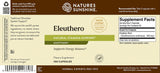 Natures Sunshine Eleuthero dietary supplement bottle label showing product details, supplement facts, and barcode on a brown and beige background.