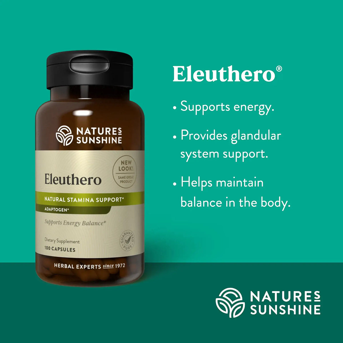 Natures Sunshine Eleuthero supplement bottle on a green background with product details.