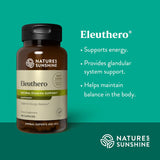 Natures Sunshine Eleuthero supplement bottle on a green background with product details.
