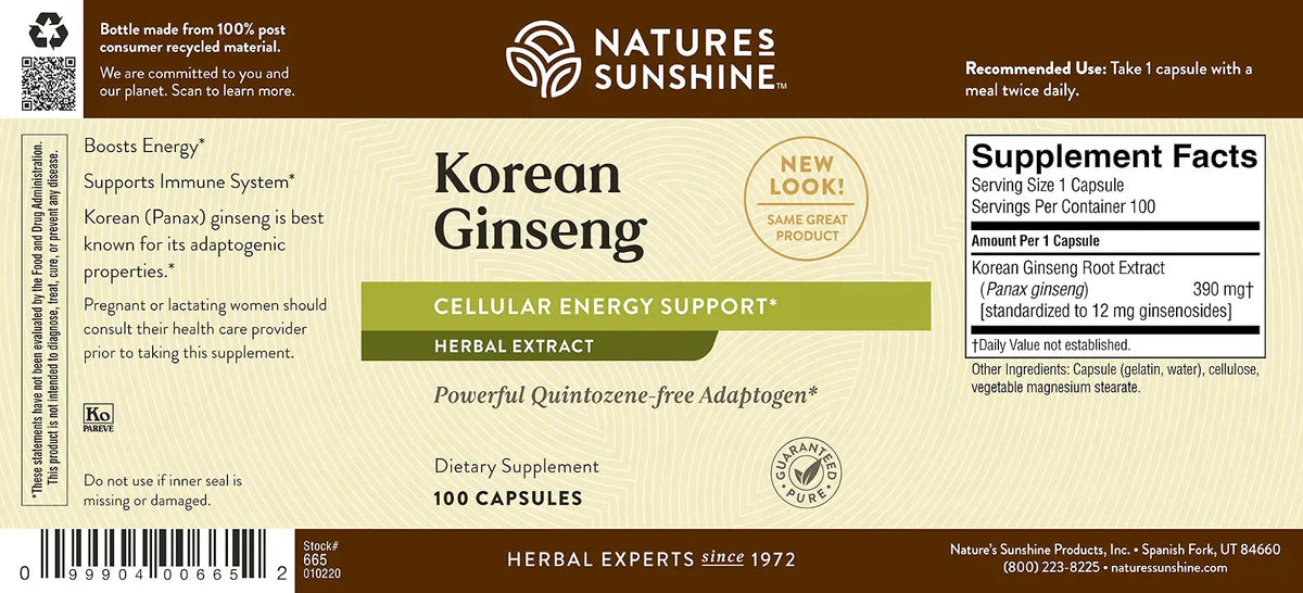 Front and back label of Nature's Sunshine Korean Ginseng Cellular Energy Support dietary supplement, showing product details, ingredients, and supplement facts on a beige background.