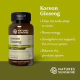Natures Sunshine Korean Ginseng dietary supplement bottle on a green background with text detailing its benefits for stress, energy, and immune support.