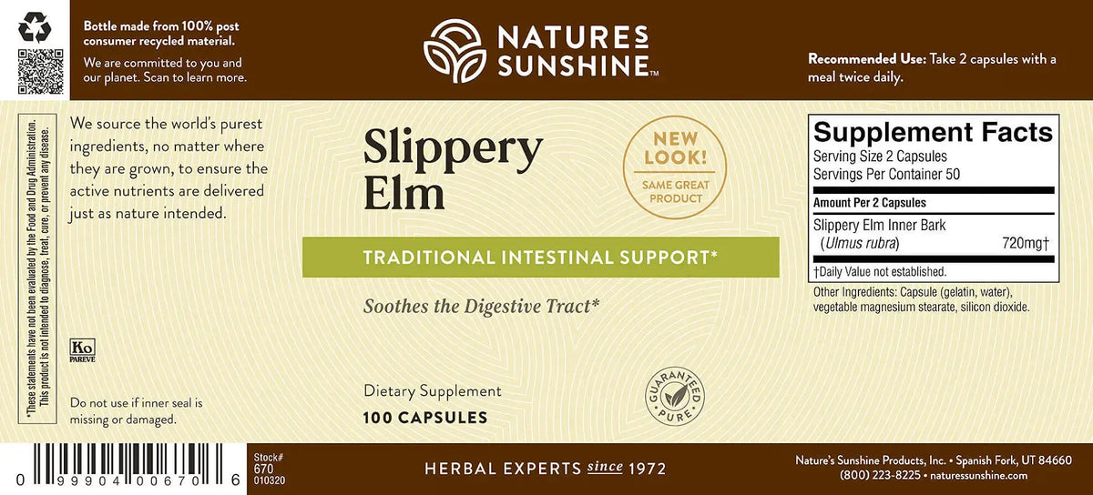 Natures Sunshine Slippery Elm supplement label with branding and product details.