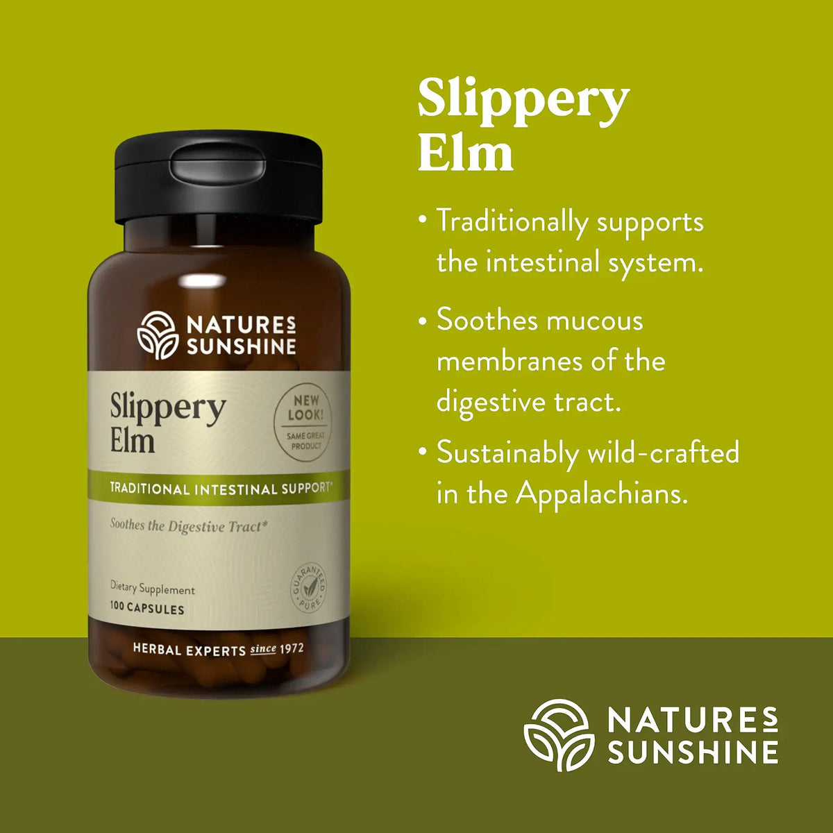 Natures Sunshine Slippery Elm supplement bottle on a green background with product details.