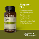 Natures Sunshine Slippery Elm supplement bottle on a green background with product details.