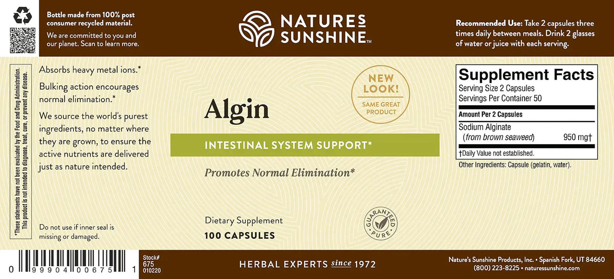The back of a Nature's Sunshine Algin dietary supplement box, showing the reverse side with product details, supplement facts, and a barcode on a beige background.