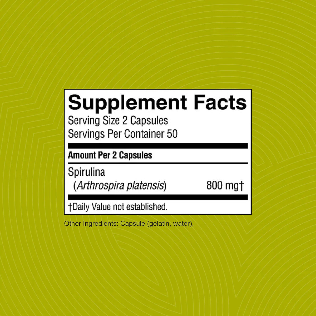 A supplement facts label reading 'Supplement Facts' with Spirulina (Arthrospira platensis) 800 mg, shown on a bright yellow-green background with subtle concentric wave lines.