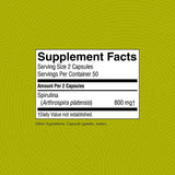 A supplement facts label reading 'Supplement Facts' with Spirulina (Arthrospira platensis) 800 mg, shown on a bright yellow-green background with subtle concentric wave lines.