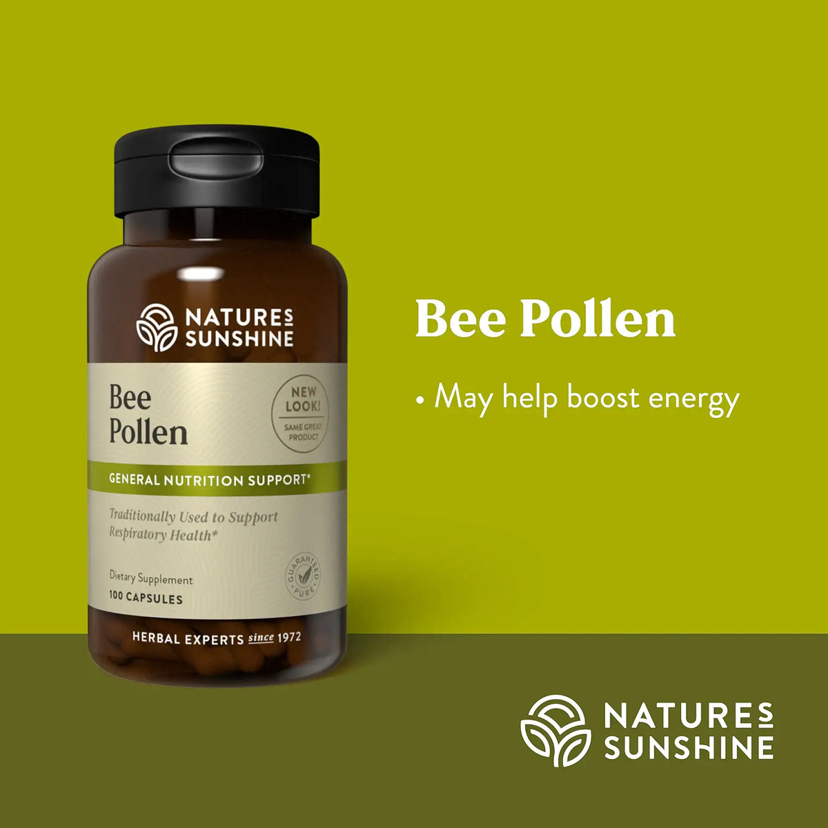 Nature's Sunshine Bee Pollen dietary supplement bottle on a yellow-green background with text stating 'Bee Pollen' and 'May help boost energy'.