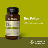 Nature's Sunshine Bee Pollen dietary supplement bottle on a yellow-green background with text stating 'Bee Pollen' and 'May help boost energy'.