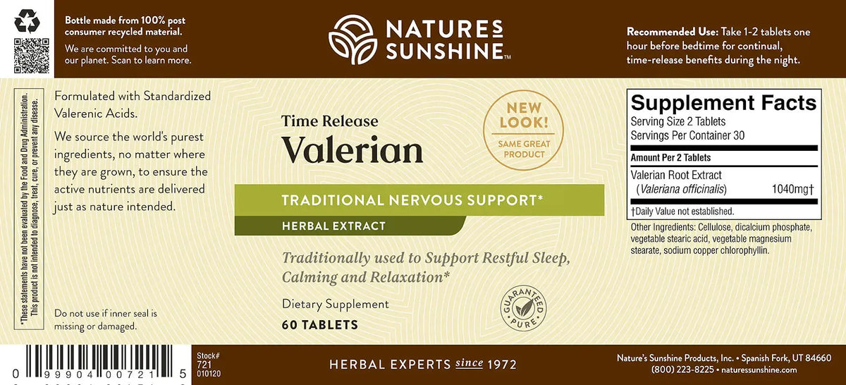 Front and back label of Nature's Sunshine Time Release Valerian herbal supplement, showing product details, ingredients, and supplement facts on a brown and beige background.