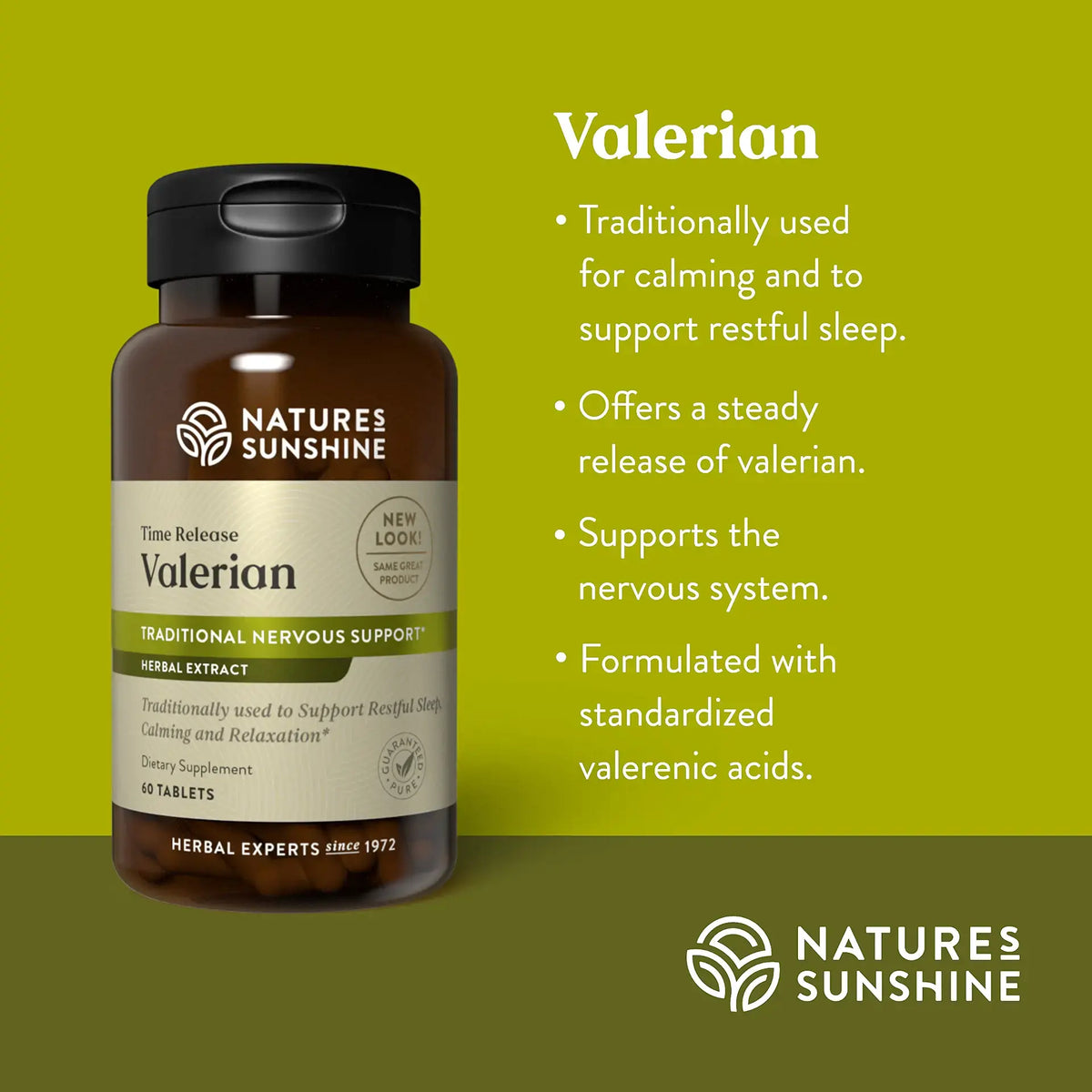 Natures Sunshine Valerian supplement bottle on a green background with product details.