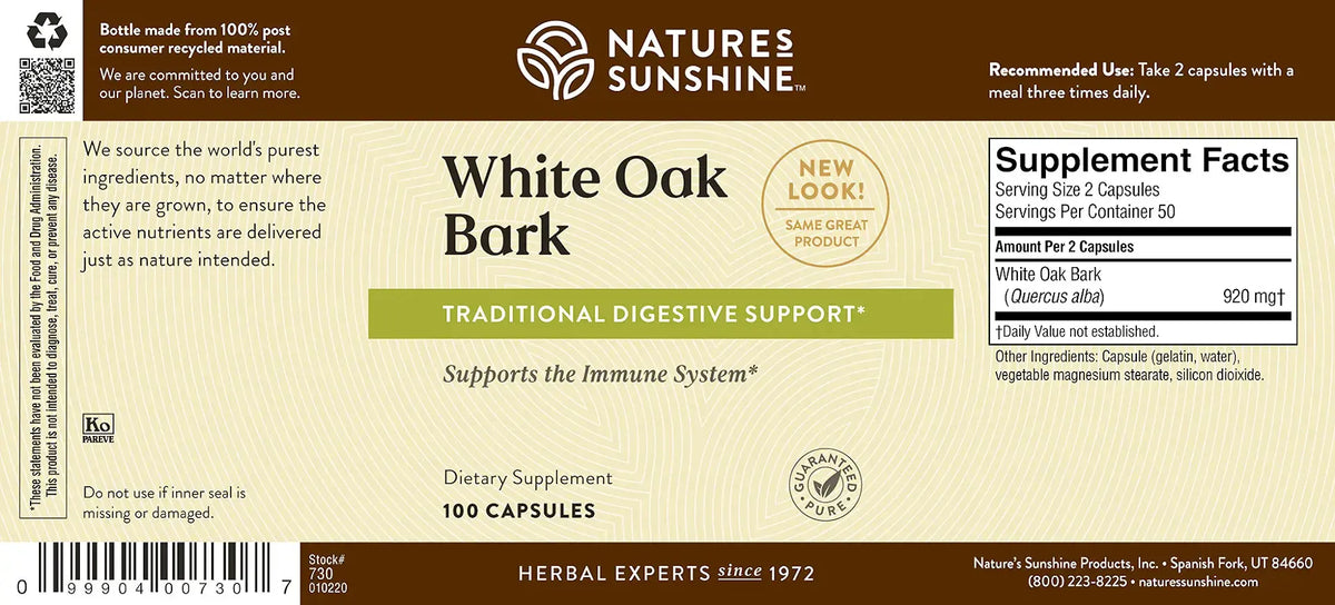 Front and back label of Nature's Sunshine White Oak Bark herbal supplement, showing product name, supplement facts, and barcode on a beige background.