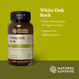 Nature's Sunshine White Oak Bark dietary supplement bottle on a green background with product text describing digestive support benefits.