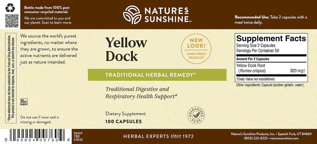 Front label of Nature's Sunshine Yellow Dock herbal remedy supplement, showing product name, supplement facts, barcode, and company contact information on a beige label with brown and green accents.