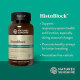 HistaBlock dietary supplement bottle by Nature's Sunshine on a teal background with product benefits listed on the right.