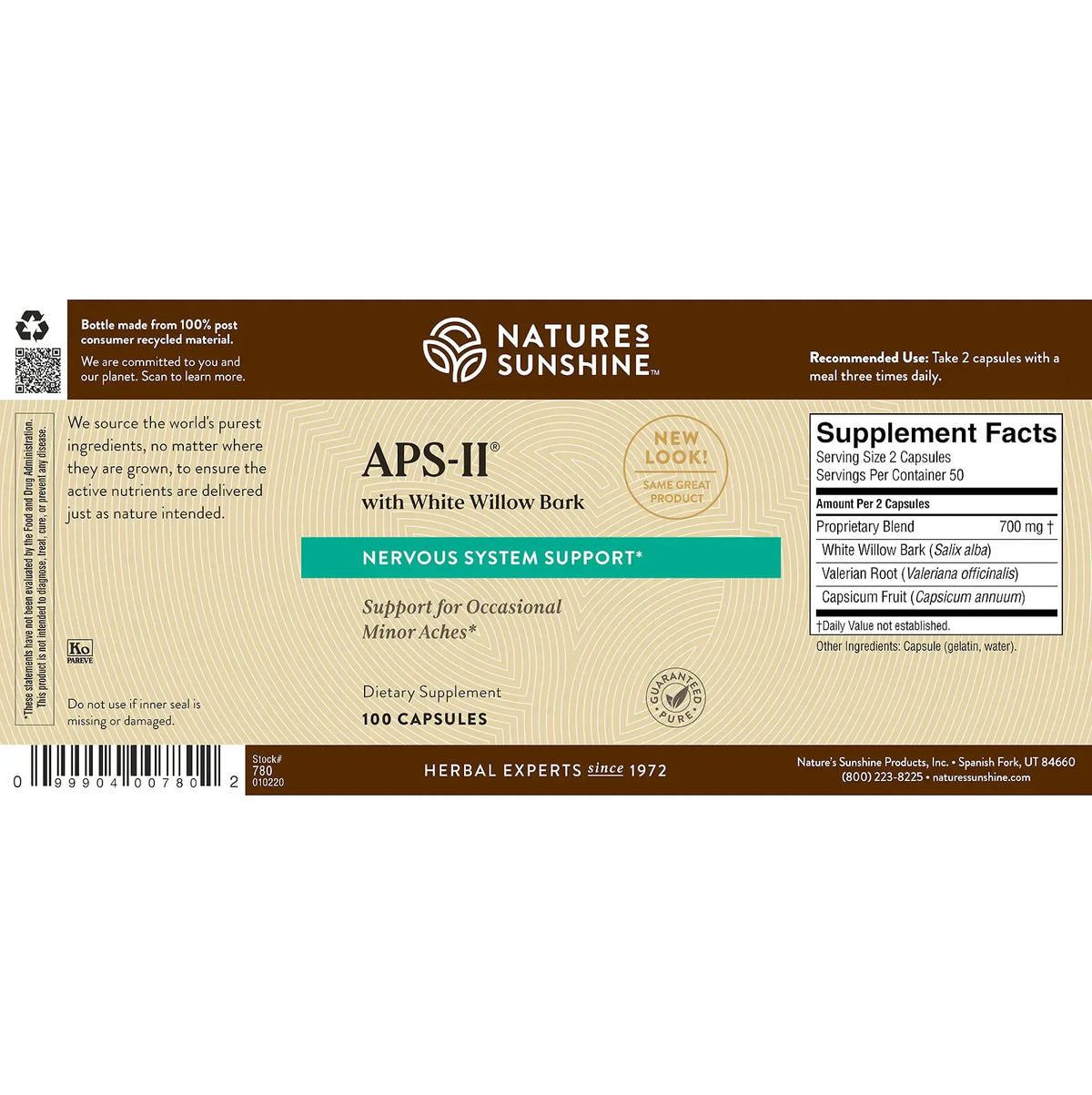 Natures Sunshine APS-II with White Willow Bark dietary supplement packaging, showing the back of the box with product details, supplement facts, and barcode on a white background.