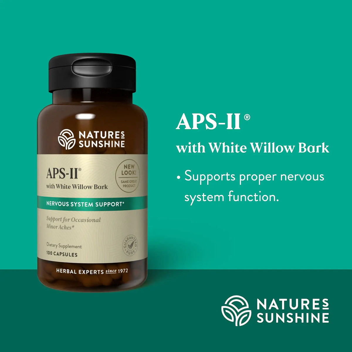 Nature's Sunshine APS-II with White Willow Bark dietary supplement bottle on a teal background with product text and brand logo.