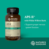 Nature's Sunshine APS-II with White Willow Bark dietary supplement bottle on a teal background with product text and brand logo.