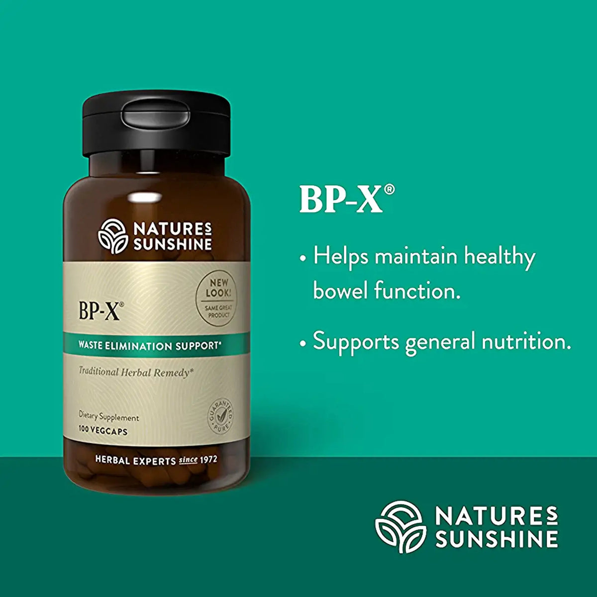 Nature's Sunshine BP-X dietary supplement bottle on a teal background with product text and branding.