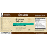 Front of a Natures Sunshine Seasonal Defense dietary supplement box, showing the product name, supplement facts panel, barcode, and branding on a white background.