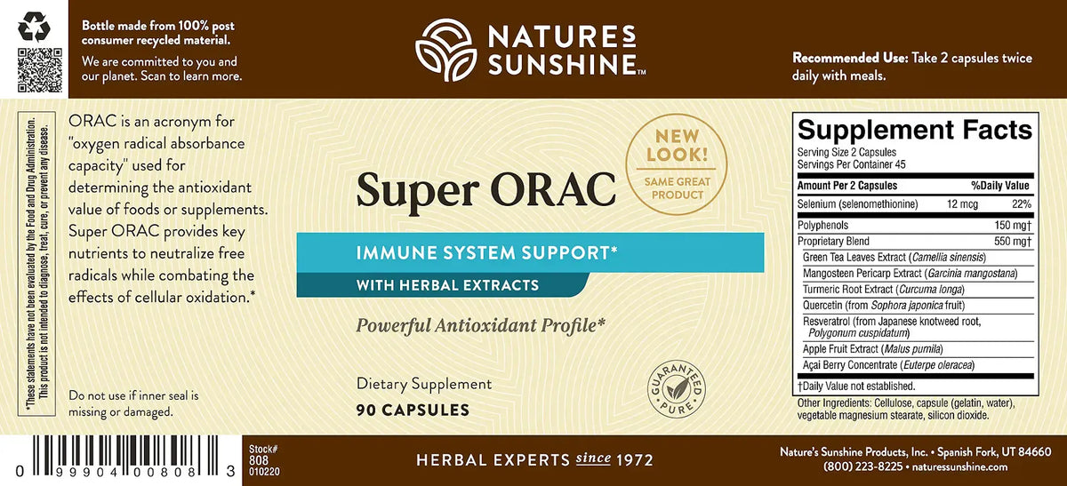 Natures Sunshine Super ORAC herbal supplement bottle label, featuring a brown and cream design with blue accents, supplement facts, and product details.