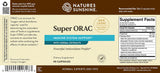 Natures Sunshine Super ORAC herbal supplement bottle label, featuring a brown and cream design with blue accents, supplement facts, and product details.