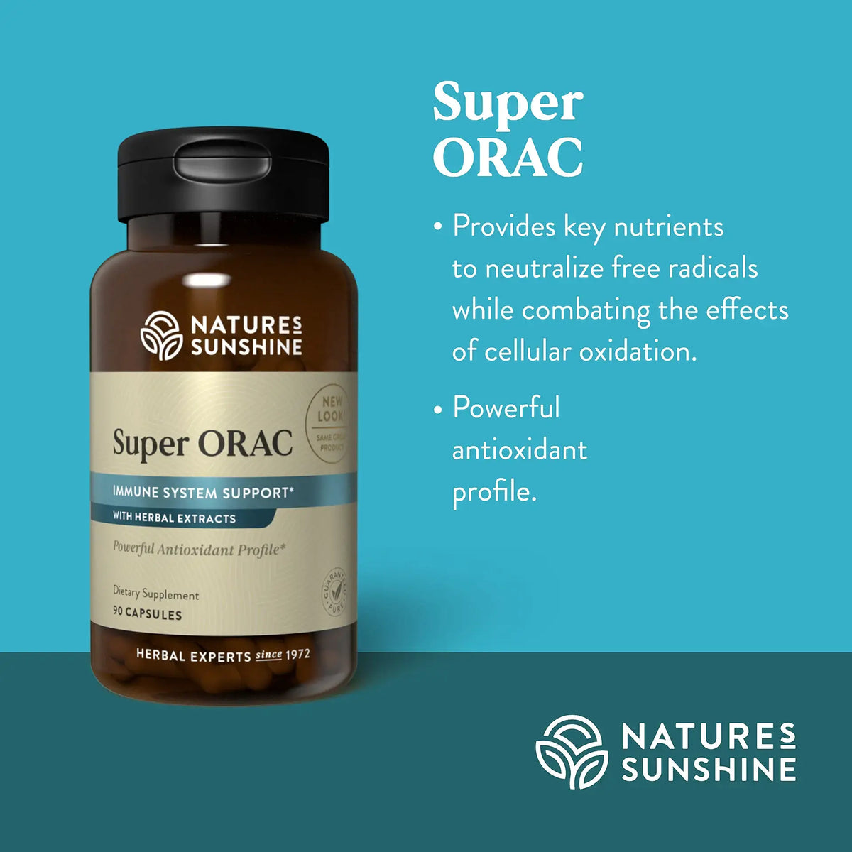 Nature's Sunshine Super ORAC dietary supplement bottle on a teal background with product information text on the right.