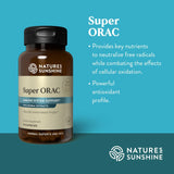 Nature's Sunshine Super ORAC dietary supplement bottle on a teal background with product information text on the right.