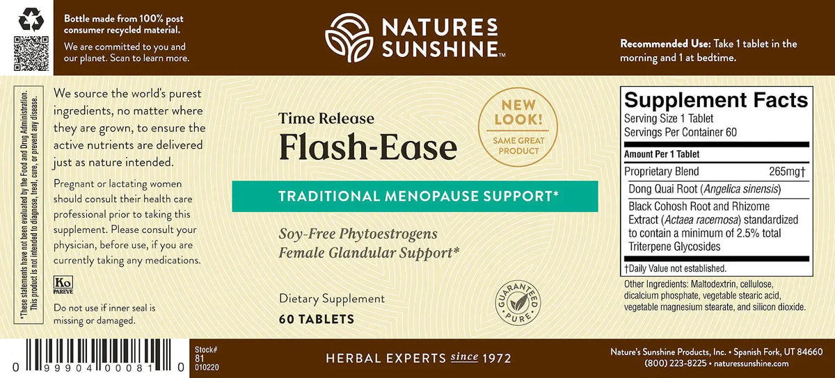 Front and back views of a Nature's Sunshine Flash-Ease dietary supplement box, showing the beige and brown label design with product details, ingredients, and supplement facts.