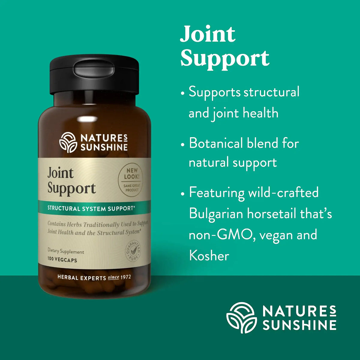 Nature's Sunshine Joint Support dietary supplement bottle on a teal background with product benefits text.