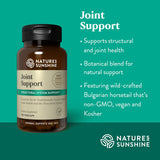 Nature's Sunshine Joint Support dietary supplement bottle on a teal background with product benefits text.