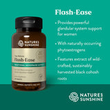 Natures Sunshine Flash-Ease herbal supplement bottle on a teal background with product text describing traditional menopause support and black cohosh roots.