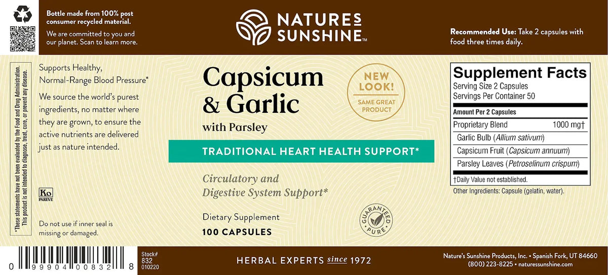 Front and back of a Nature's Sunshine Capsicum & Garlic dietary supplement box, showing the product name, ingredients, and supplement facts on a beige and brown background.