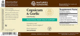 Front and back of a Nature's Sunshine Capsicum & Garlic dietary supplement box, showing the product name, ingredients, and supplement facts on a beige and brown background.