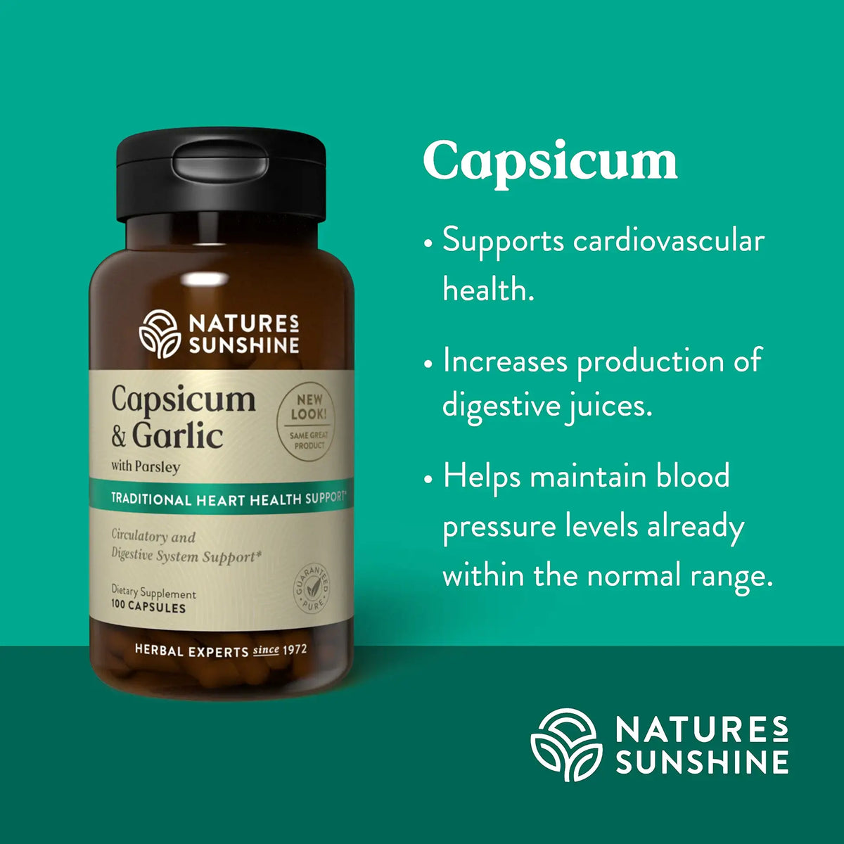 Nature's Sunshine Capsicum & Garlic dietary supplement bottle on a teal background with white text listing benefits such as cardiovascular support and digestive juice increase.
