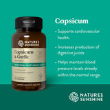Nature's Sunshine Capsicum & Garlic dietary supplement bottle on a teal background with white text listing benefits such as cardiovascular support and digestive juice increase.